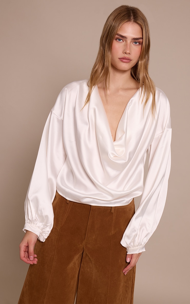 White Satin Long Sleeve Blouse image 1