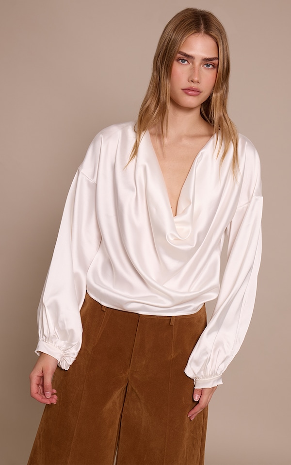 White Satin Long Sleeve Blouse 