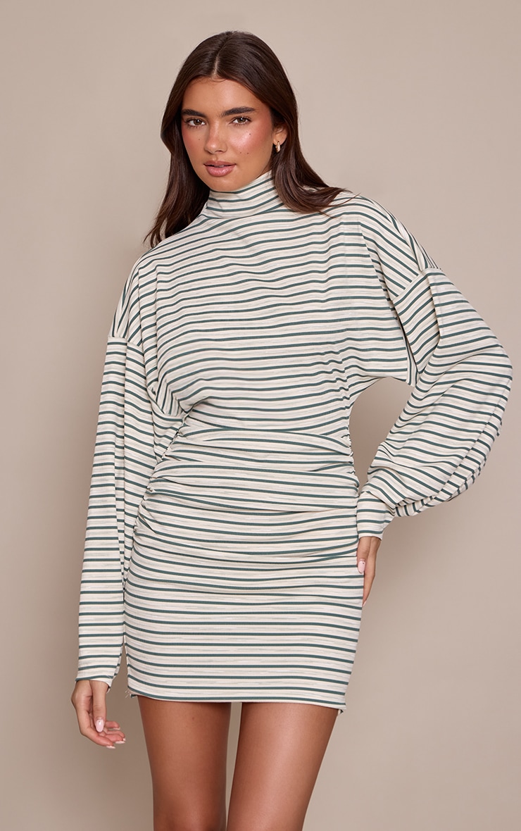 Khaki Striped Batwing Ruched Bodycon Dress