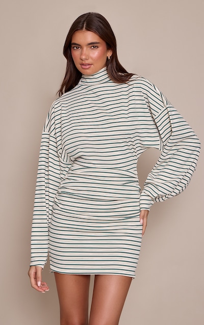 Khaki Striped Batwing Ruched Bodycon Dress