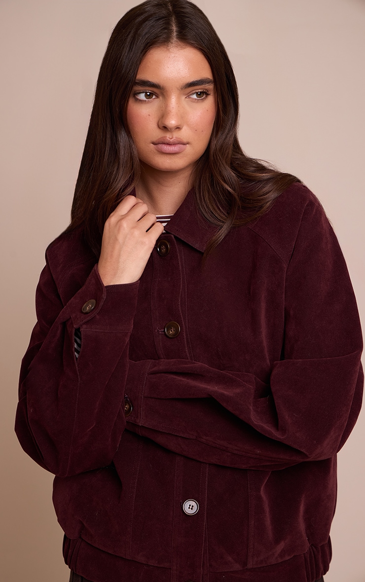 Burgundy Oversized Faux Suede Jacket image 1