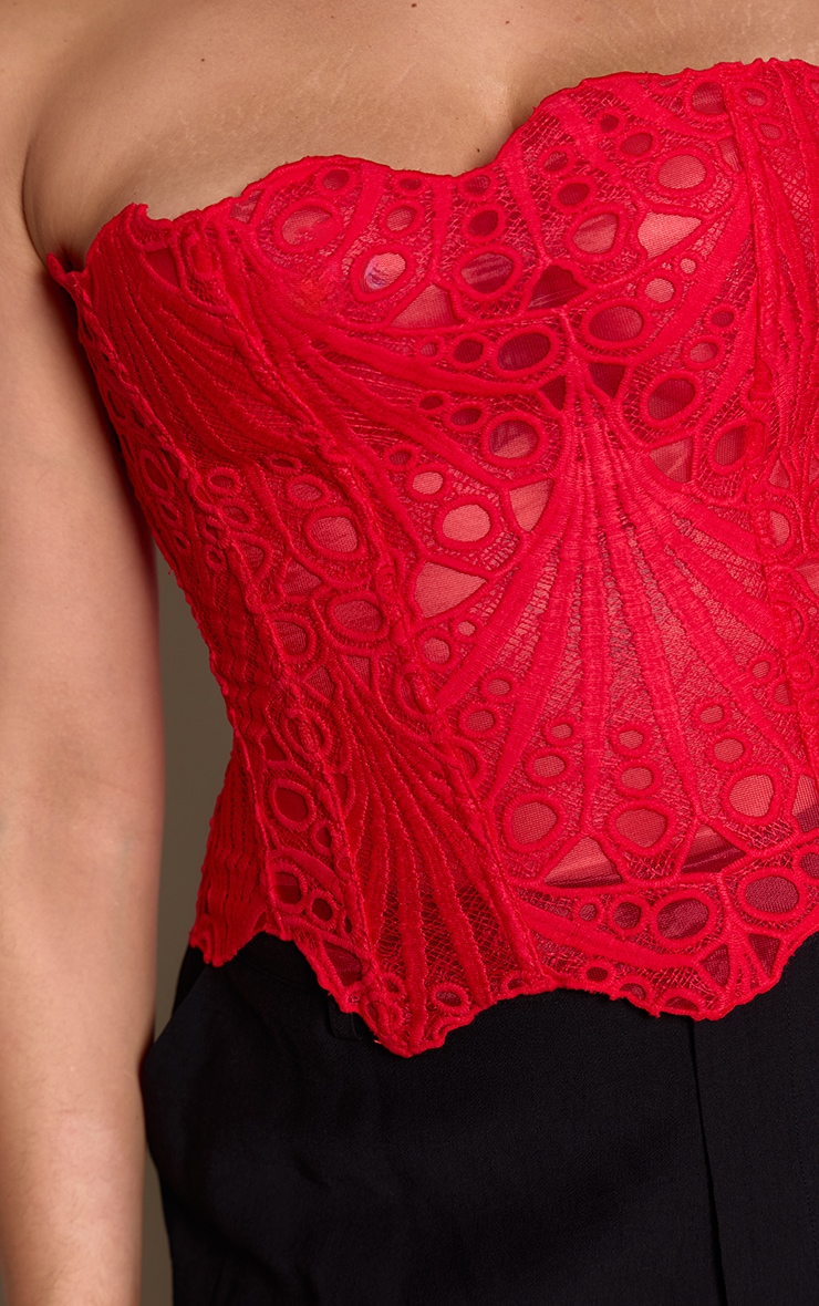 Plus Red Textured Sheer Floral Lace Corset image 4