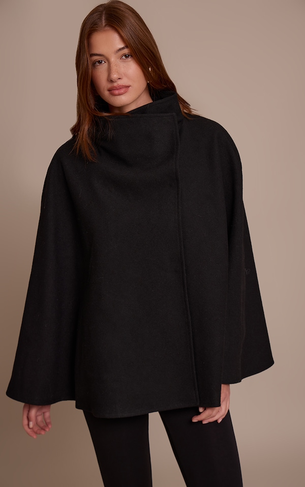 Black Wool Look Funnel Neck Wrap Coat