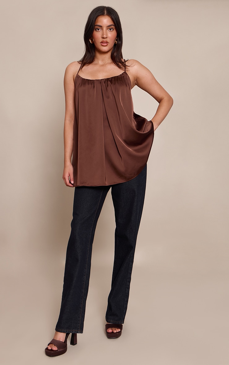 Chocolate Satin Strappy Flowy Longline Cami Top image 3