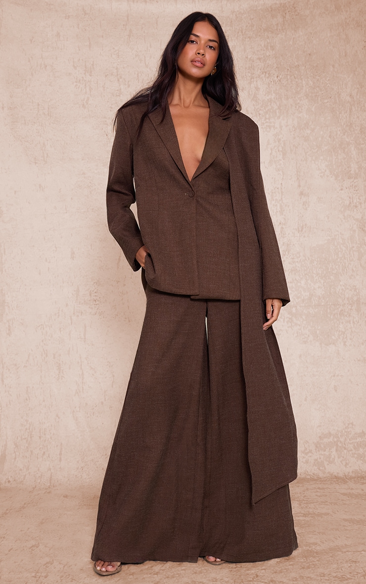 Dark Chocolate Woven Drape Scarf Detail Oversized Blazer image 3