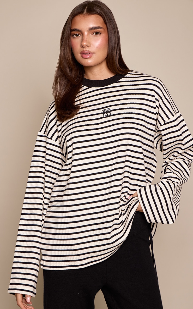 Monochrome Striped Jersey Logo Detail Oversized T-Shirt