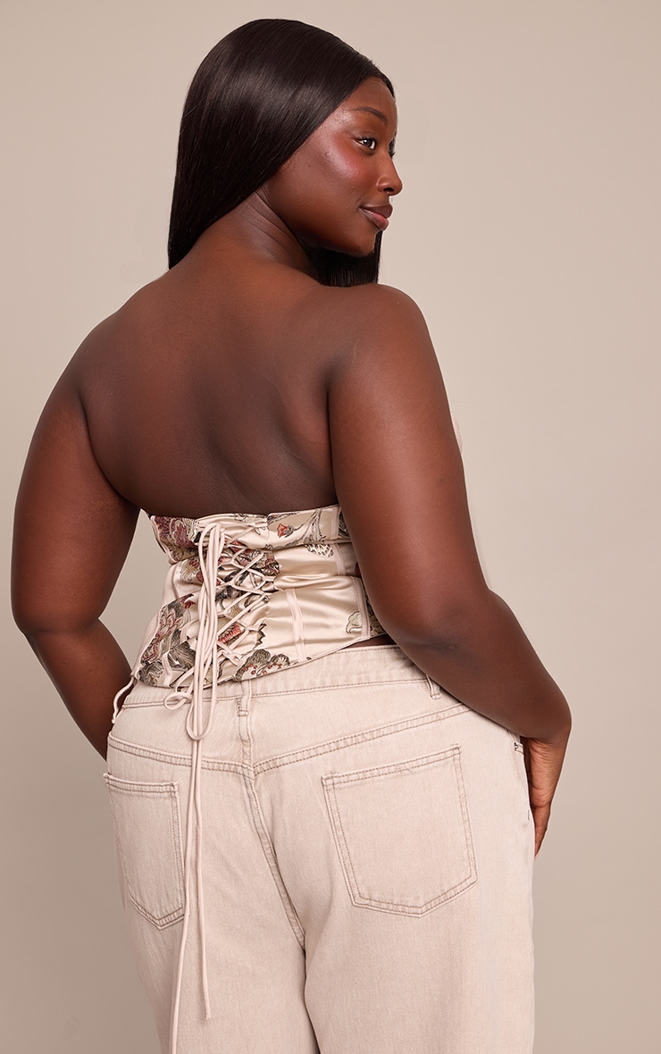 Plus Multi Floral Jacquard Embroidered Satin Drape Corset image 2