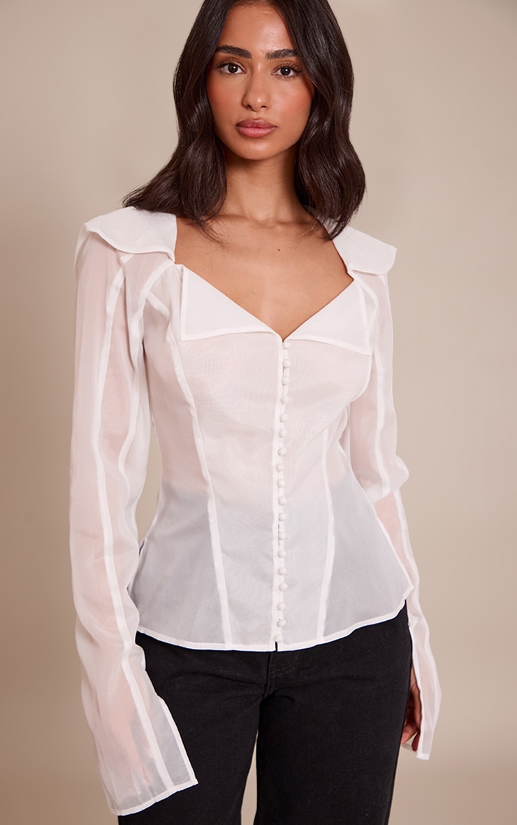 Petite White Button Detail Sheer Long Sleeve Top image 1