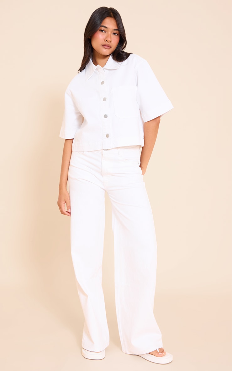 White Short Sleeve Pocket Detail Denim Shirt image 3