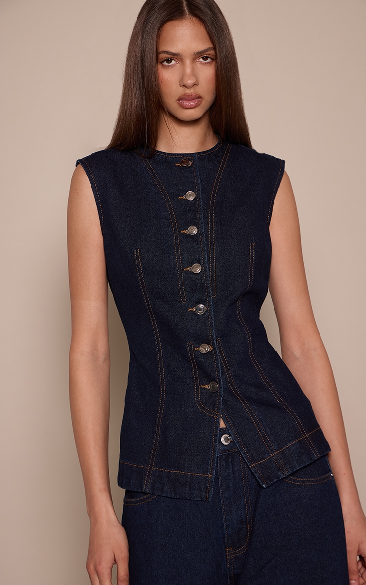 Top long en jean indigo sans manches image 1