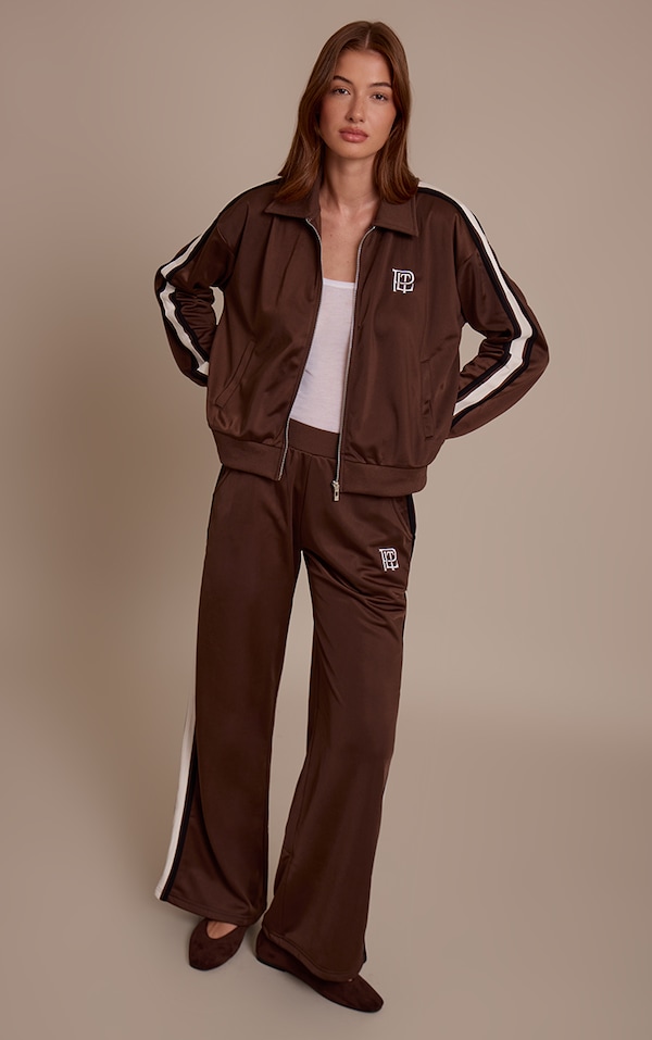 Espresso Tricot Contrast Side Stripe Wide Leg Sweatpants