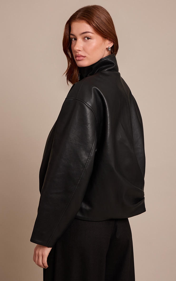 Black Faux Leather Funnel Neck Gathered Back Bomber Jacket  image 2