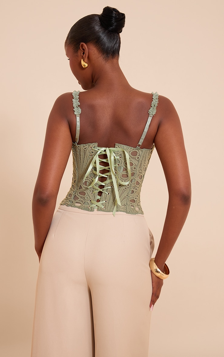 Sage Green Strappy Textured Sheer Floral Lace Corset image 2