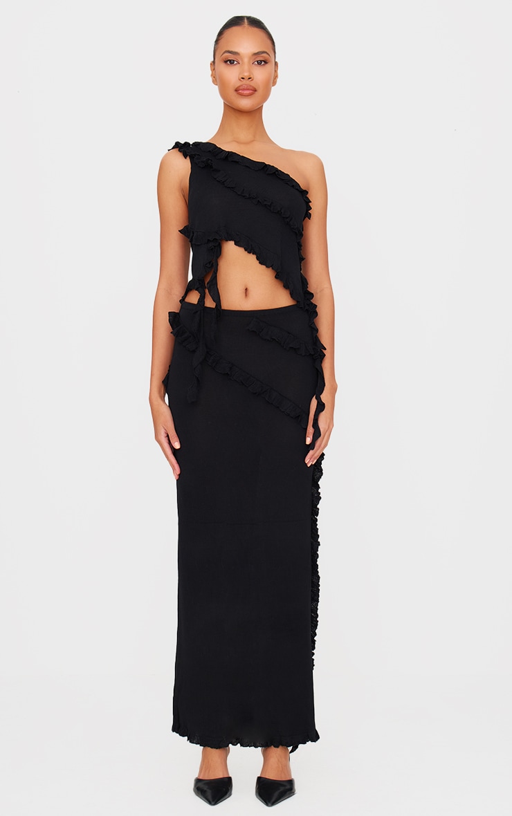 Black Rib Knit Frill Detail Maxi Skirt image 1