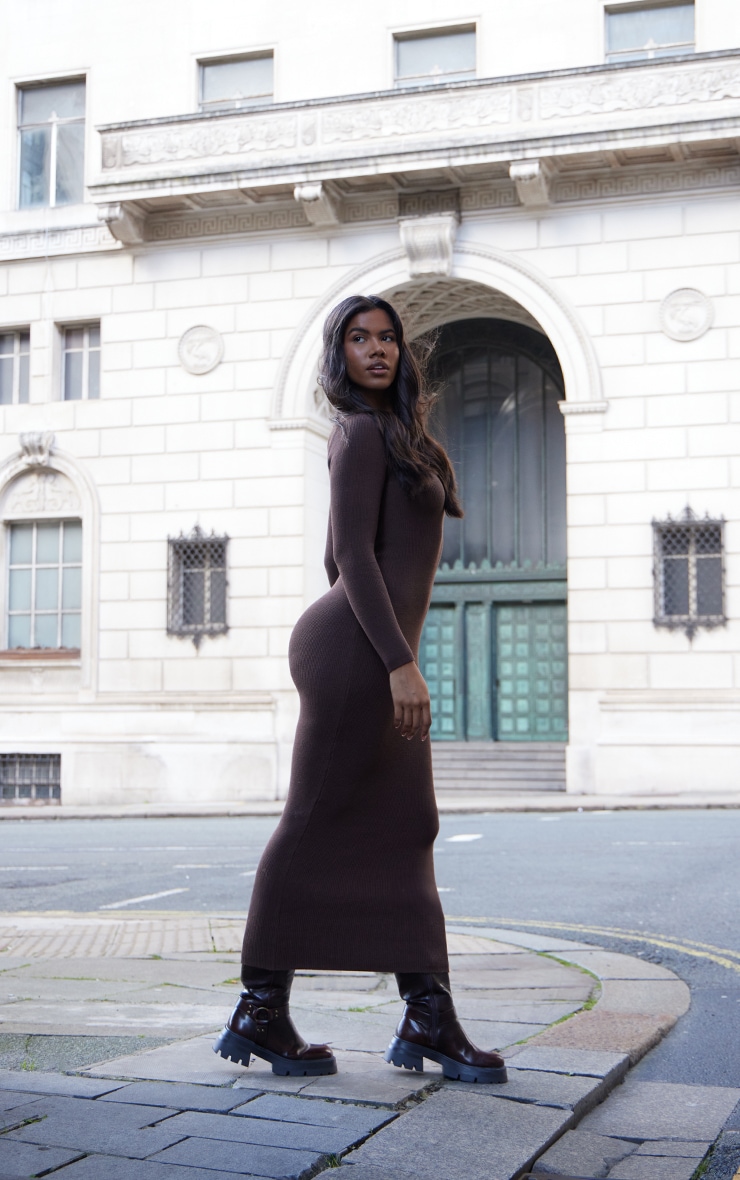Chocolate Square Neck Knitted Midi Dress image 1