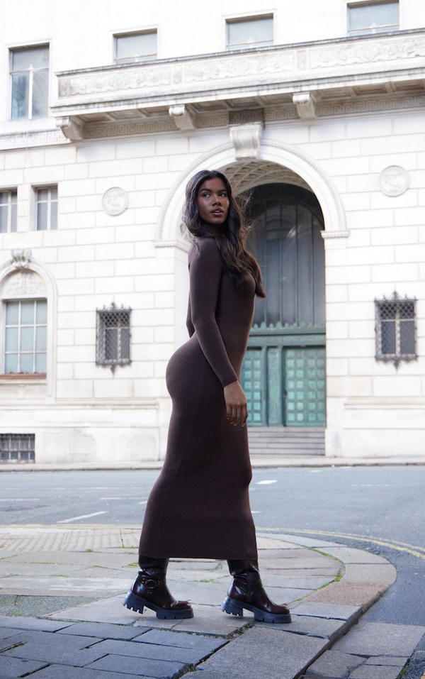Chocolate Square Neck Knitted Midi Dress
