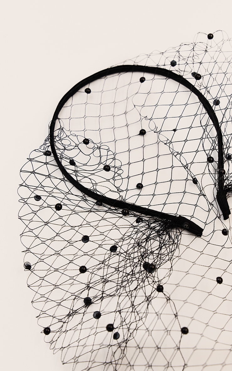 Black Beaded Fishnet Veil Headband image 3