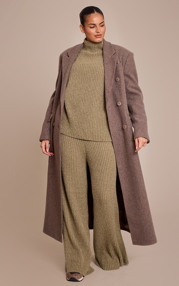 Plus Khaki Rib Boucle Knit Wide Leg Pants