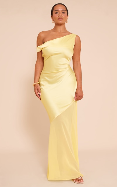 Shape Butter Cream Satin Off Shoulder Contrast Sheer Hem Maxi Dress