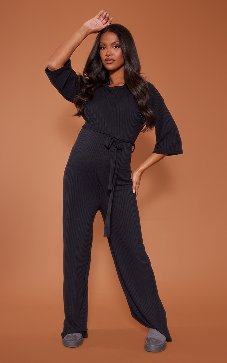 Maternity Black Ribbed Tie Waist Flared Jumpsuit image 1