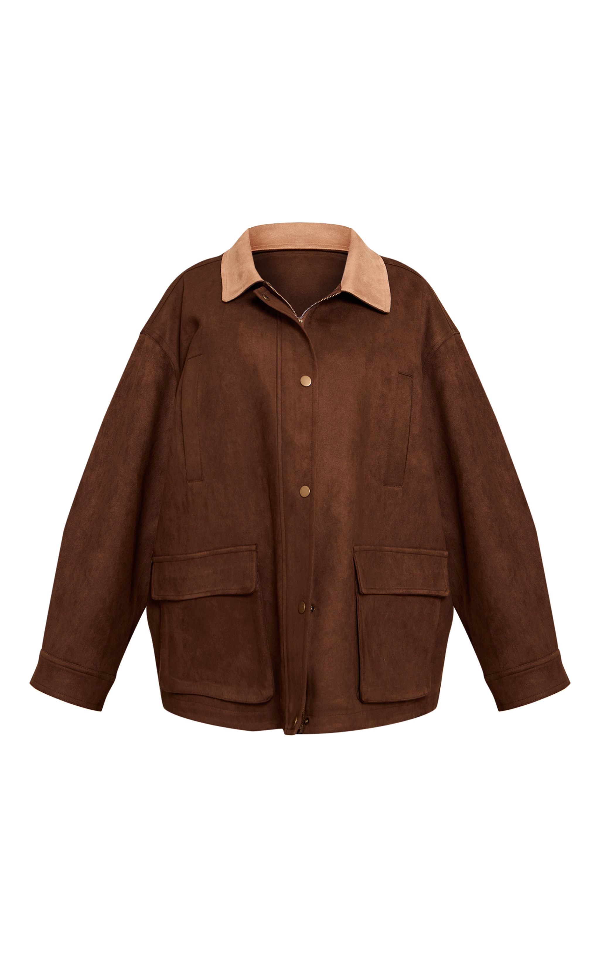 Plus Chocolate Oversized Pocket Detail Contrast Collar Jacket image 5