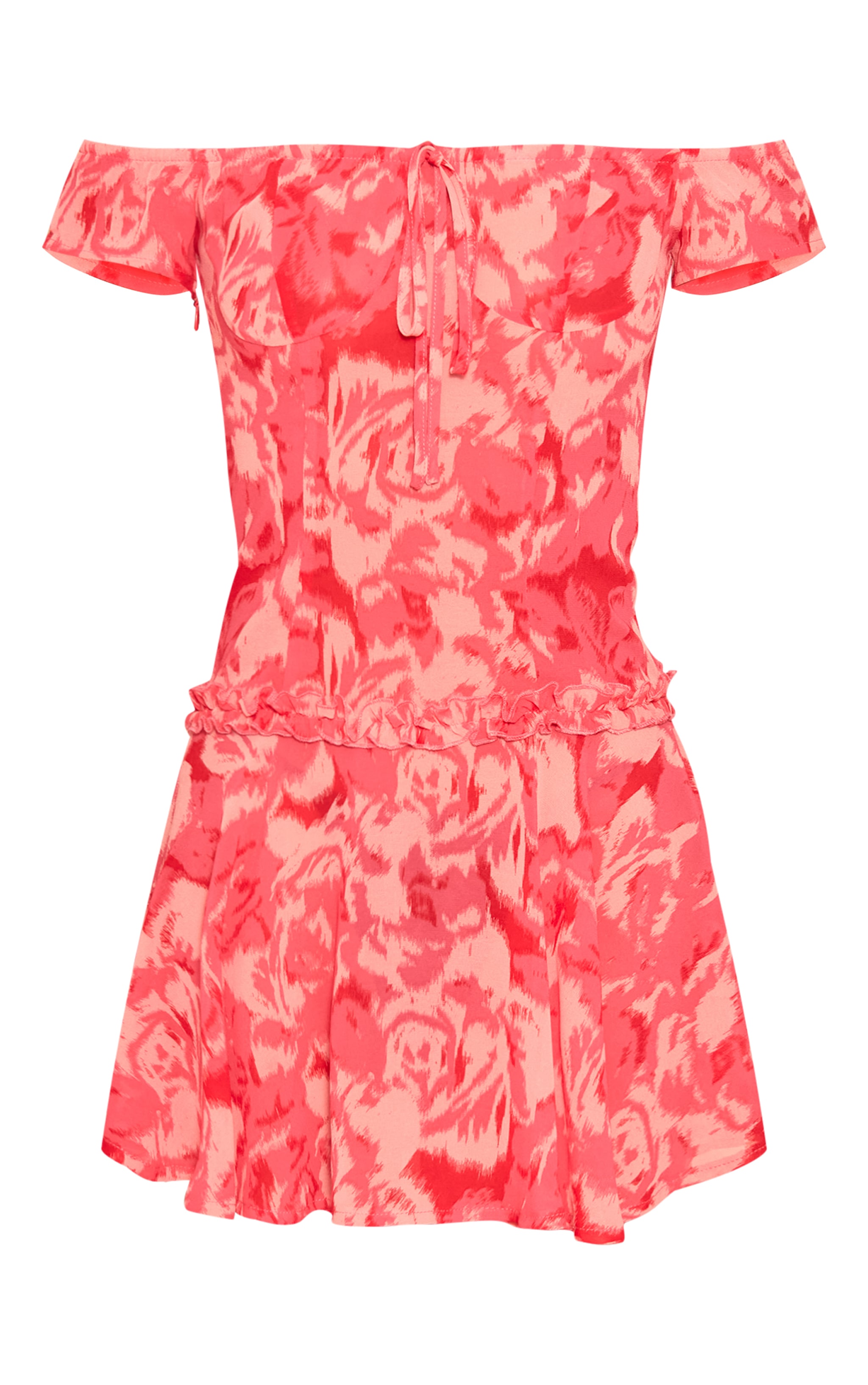 Hot Pink Abstract Print Frill Bardot Shift Dress