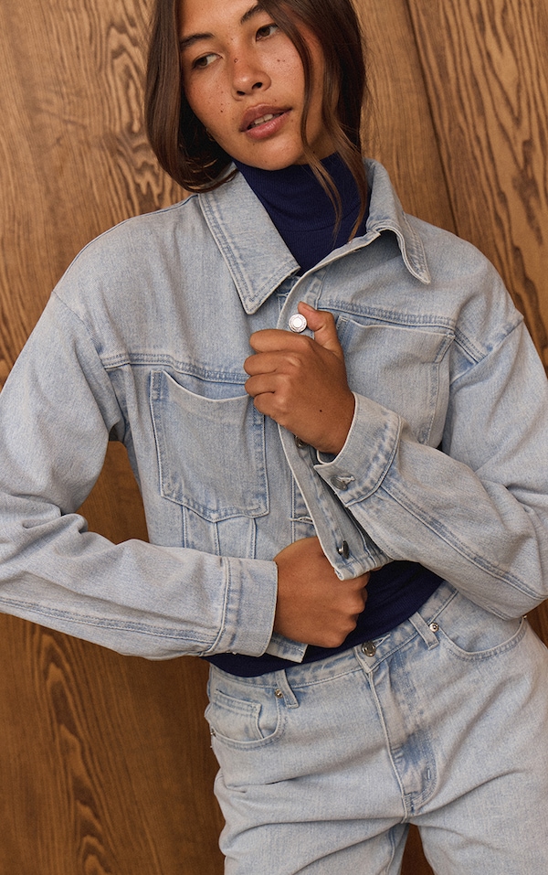  Light Blue Balloon Sleeve Cropped Denim Jacket