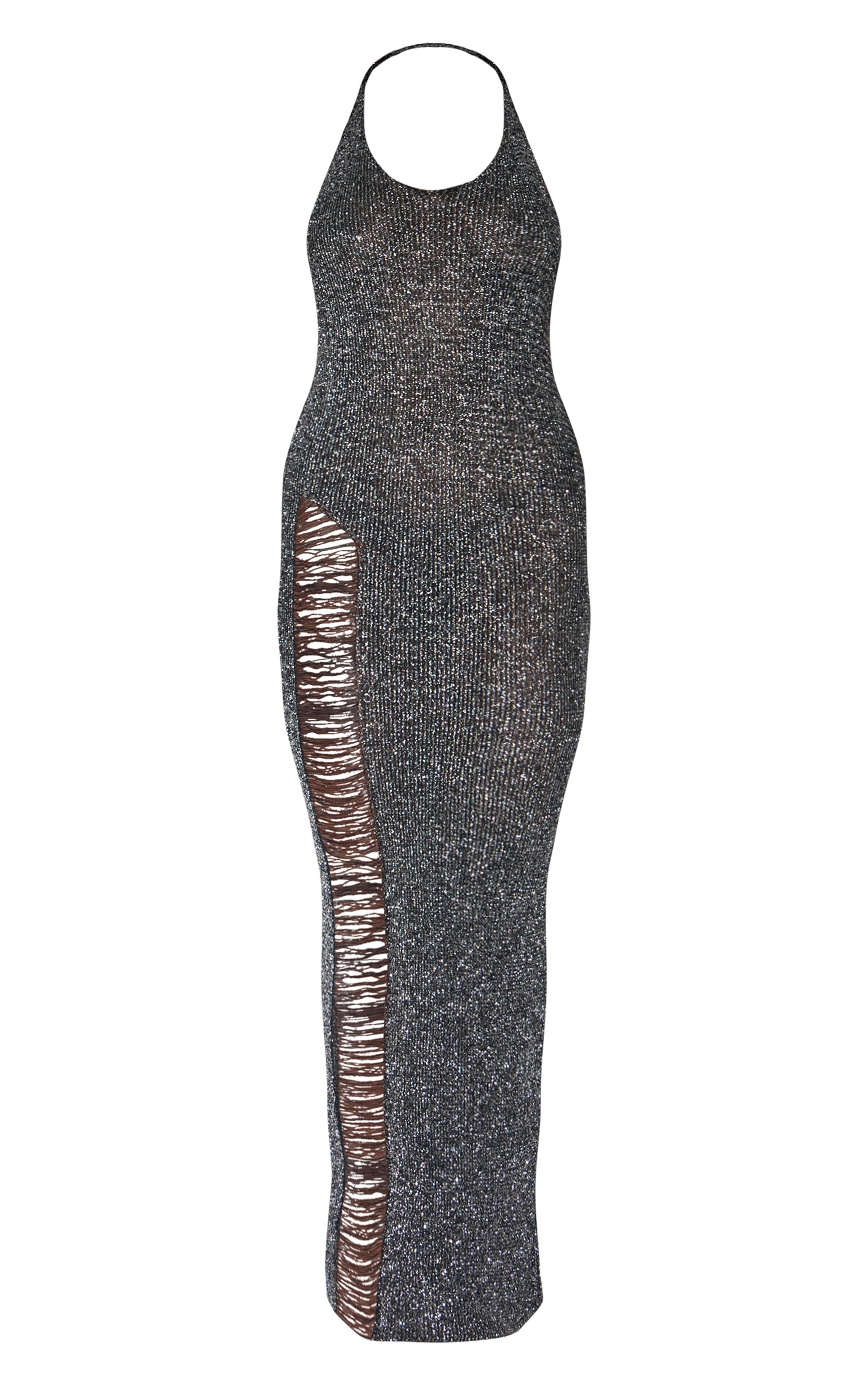 Black Glitter Knit Distressed Ladder Halterneck Maxi Dress image 5