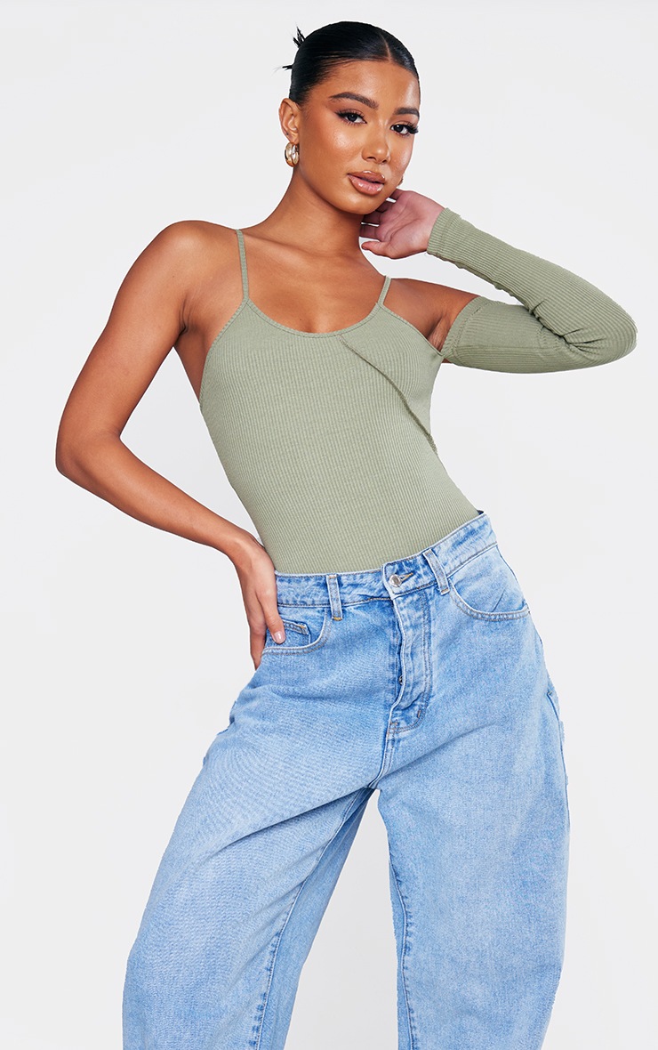 Khaki Rib Overlock Seam One Shoulder Bodysuit