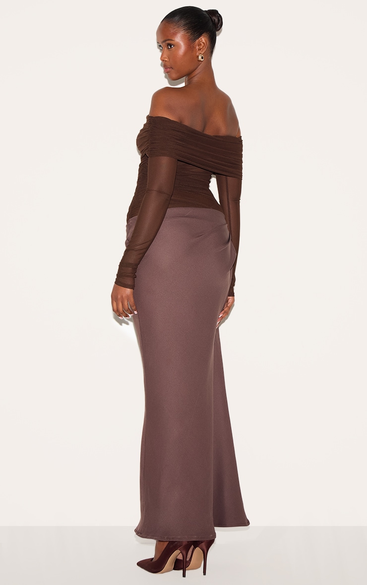Chocolate Satin Mesh Detail Bardot Maxi Dress image 2