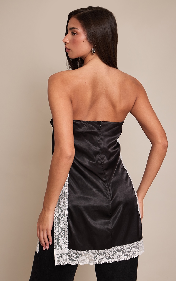 Black Satin Lace Trim Detail Longline Baneau Top image 2