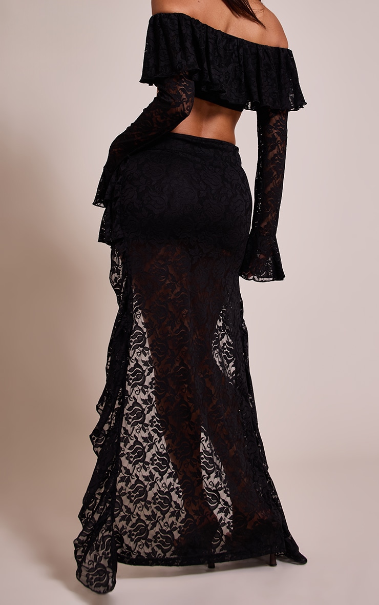Petite Black Lace Asymmetric Ruffle Maxi Skirt image 3