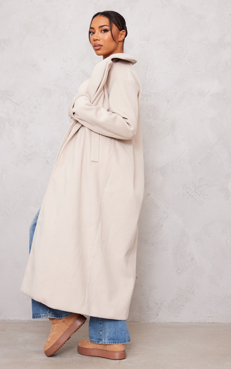 Tall Oatmeal Maxi Length Wool Look Coat image 3