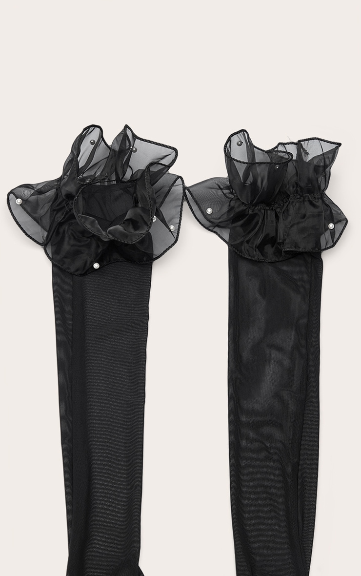 Black Mesh Pearl Frill Trim Long Gloves image 3