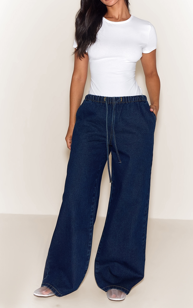 Petite Mid Blue Wash Elasticated Tie Waist Wide Leg Jeans image 2