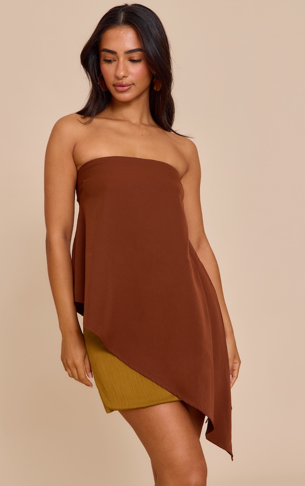 Petite Chocolate Woven Bandeau Asymmetric Hem Floaty Long Top