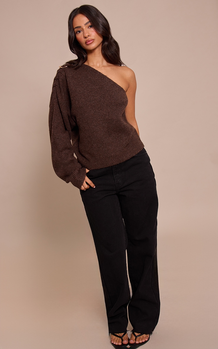 Petite Chocolate Trim Detail One Shoulder Knitted Sweater image 3