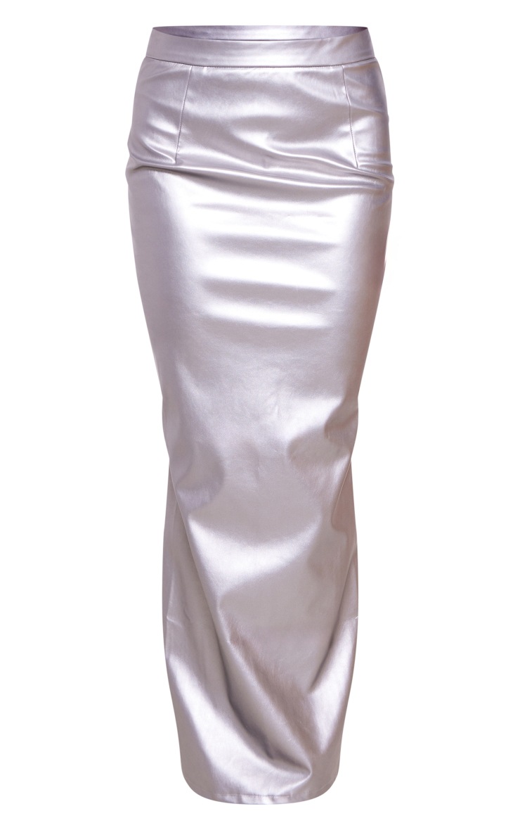 Silver Metallic Faux Leather Maxi Skirt image 6