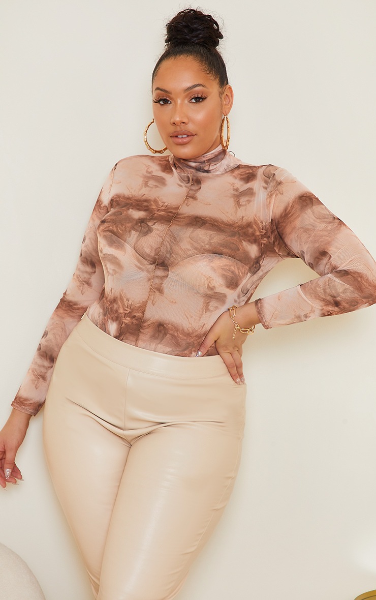 Plus Nude Marble Print Mesh High Neck Long Sleeve Bodysuit