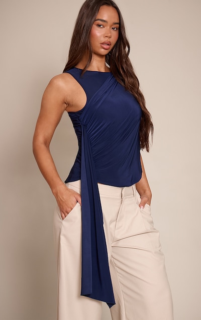 Navy Slinky Drape Detail Longline Top