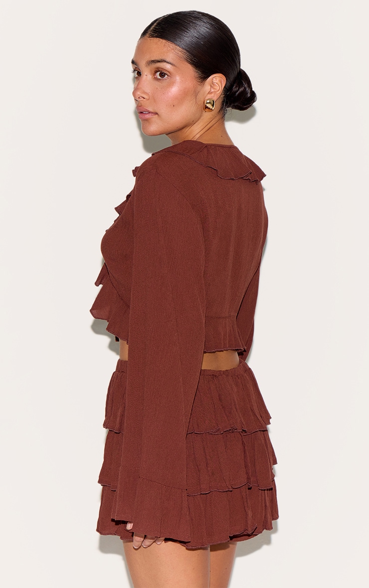 Petite Chocolate Cheesecloth Ruffle Tie Front Long Sleeve Top image 2