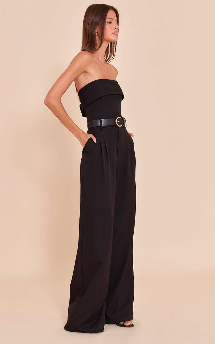 Black Woven Bandeau Belted Wide Leg Jumpsuit image 3