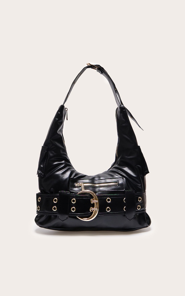 Black Pu Buckle Detail Tote Bag