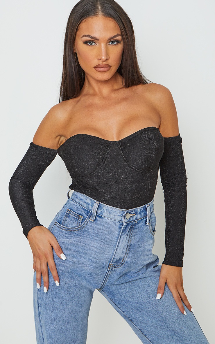 Black Glitter Bardot Long Sleeve Corset