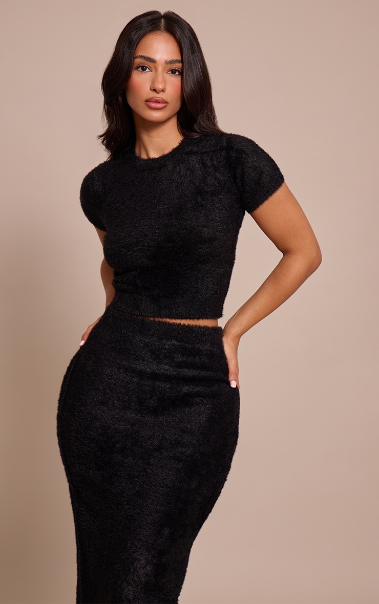 Petite Black Fluffy Knitted Fitted Top image 1