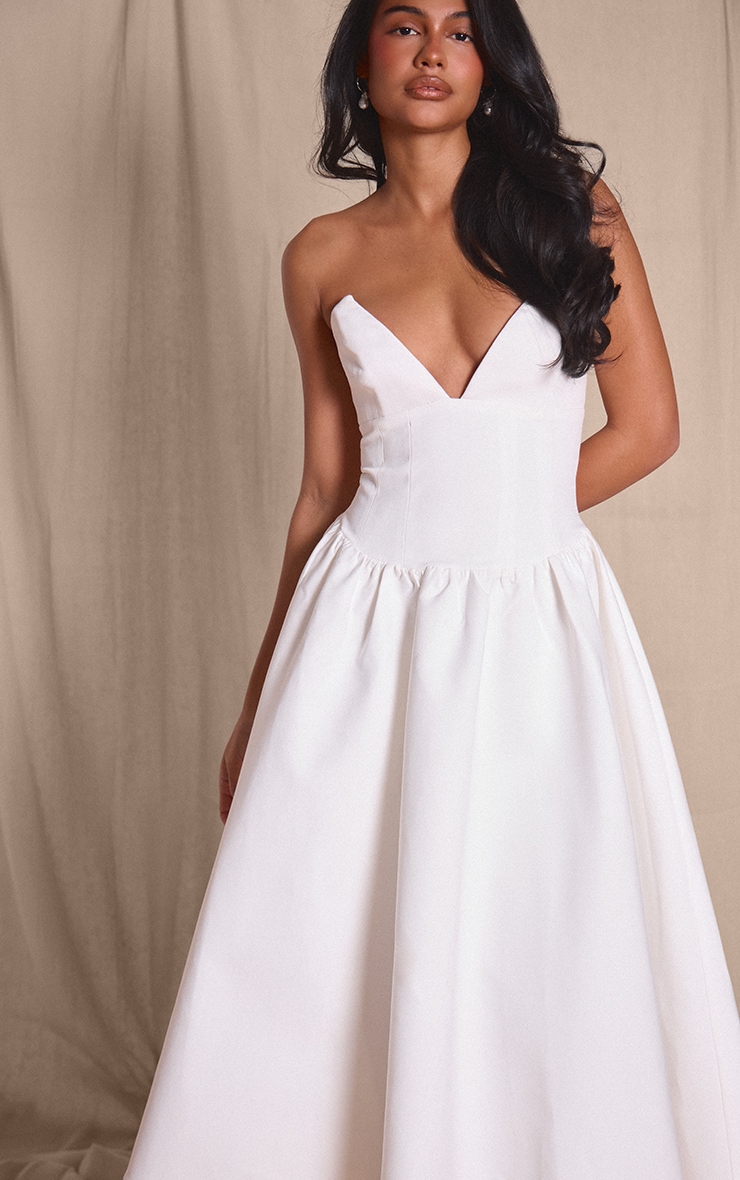 Premium White Woven Pointed Bust Bandeau Skater Midi Dress