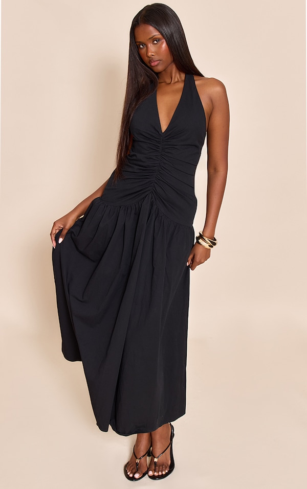 Robe longue tissée noire à détails froncés