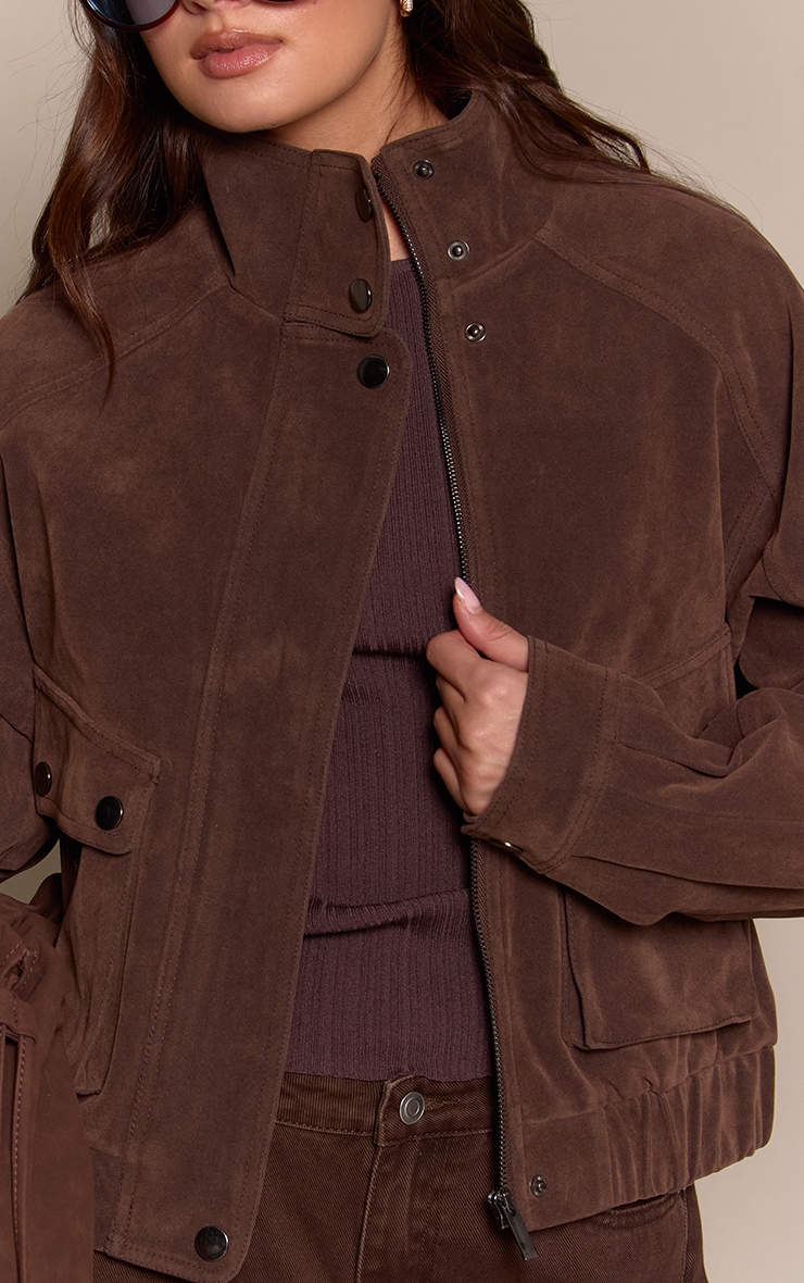 Bitter Chocolate High Neck Utility Pocket Cropped Suede Bomber  image 4
