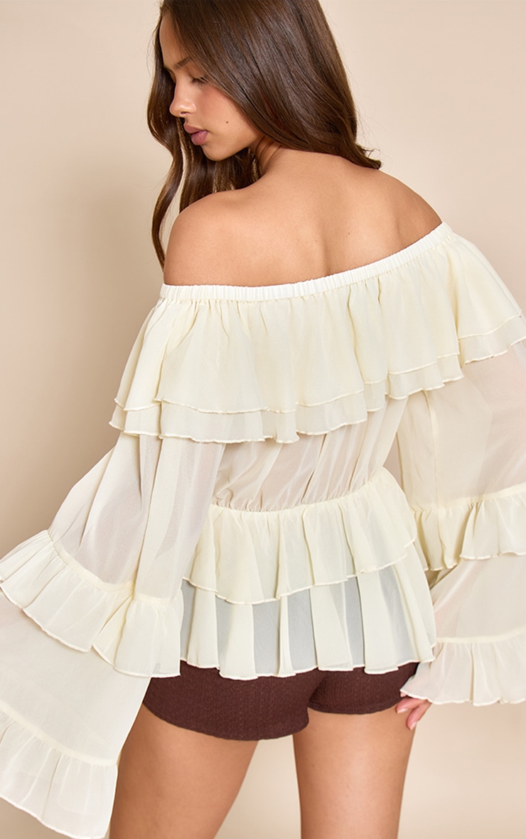 Cream Chiffon Tiered Ruffle Bardot Top image 2