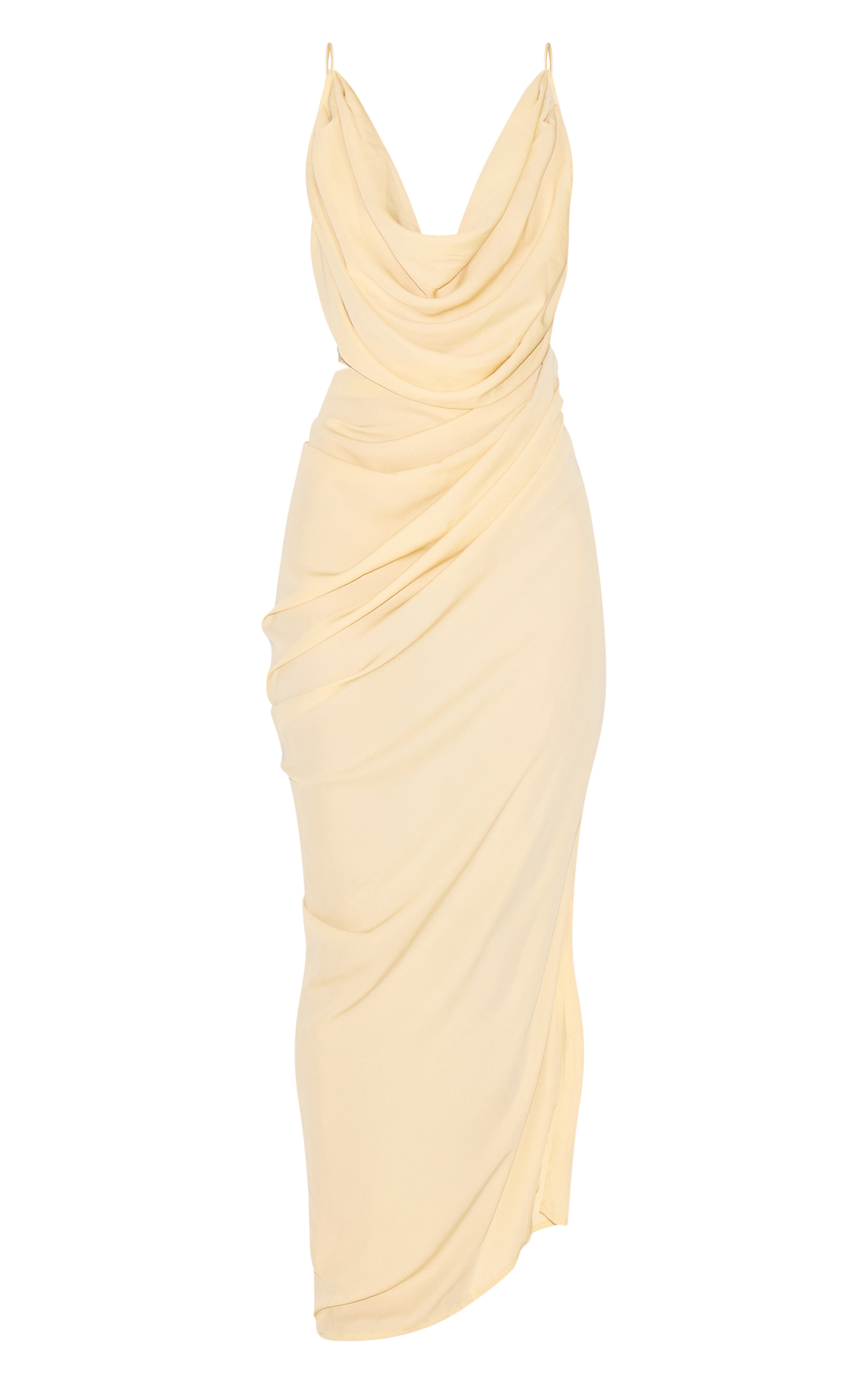 Robe longue en mousseline de soie jaune beurre à découpe drapée image 5